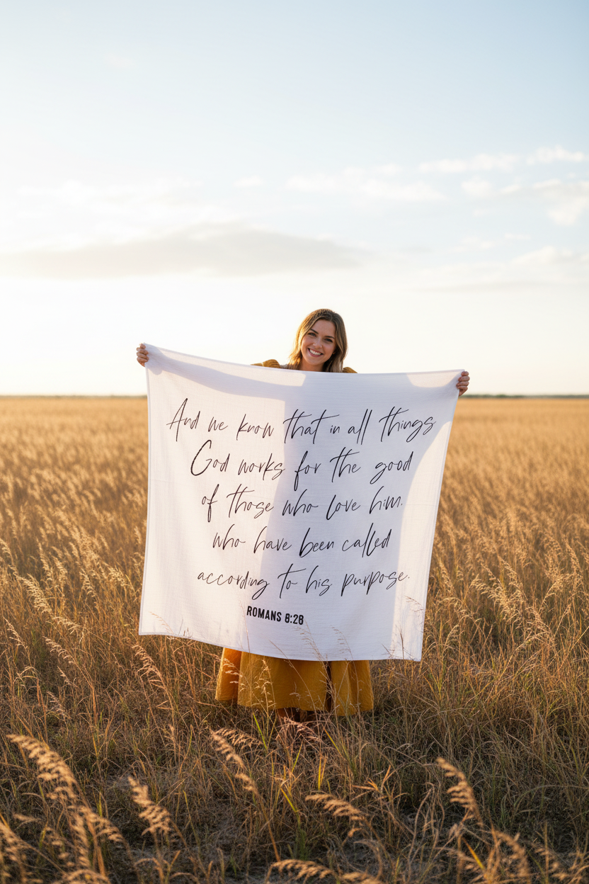 Romans 8:28 faith-filled organic cotton muslin swaddle