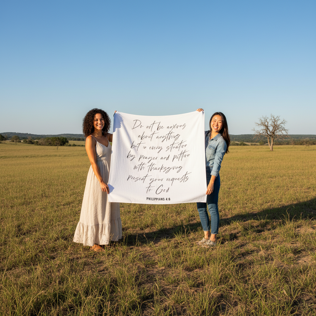 Philippians 4:6 Scripture swaddle styled for nursery display