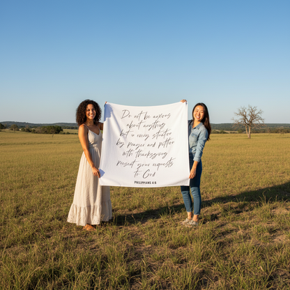 Philippians 4:6 Scripture swaddle styled for nursery display