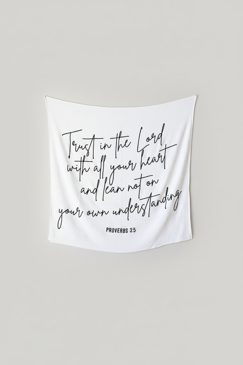 Proverbs 3:5 Scripture swaddle displayed as nursery wall art