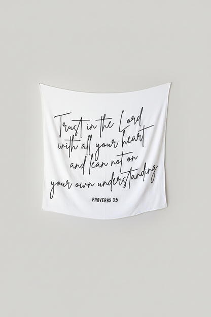 Proverbs 3:5 Scripture swaddle displayed as nursery wall art