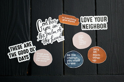 Assorted Modern Burlap sticker designs shown together. This listing includes one Love Your Neighbor sticker; other designs are sold separately.
