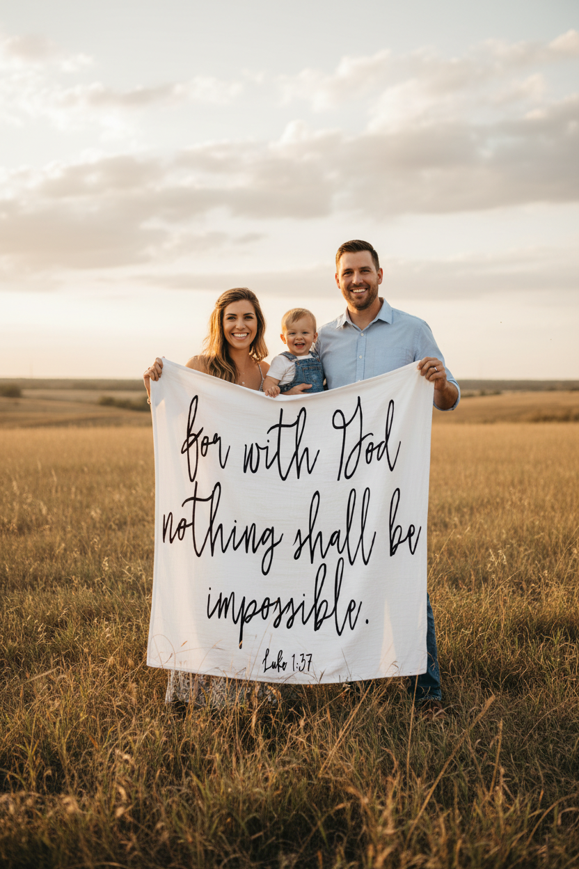 Family holding up Luke 1:37 Scripture Swaddle.