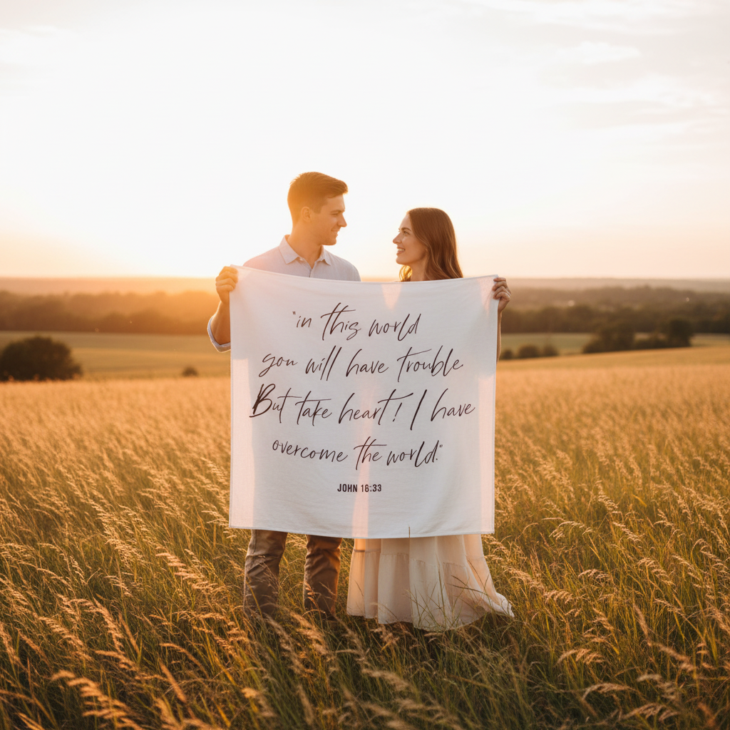 John 16:33 Scripture swaddle styled as nursery wall art