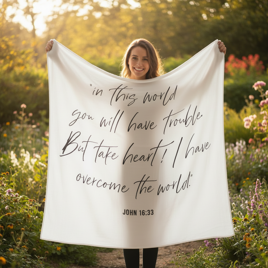 John 16:33 GOTS organic cotton muslin Scripture swaddle by Modern Burlap