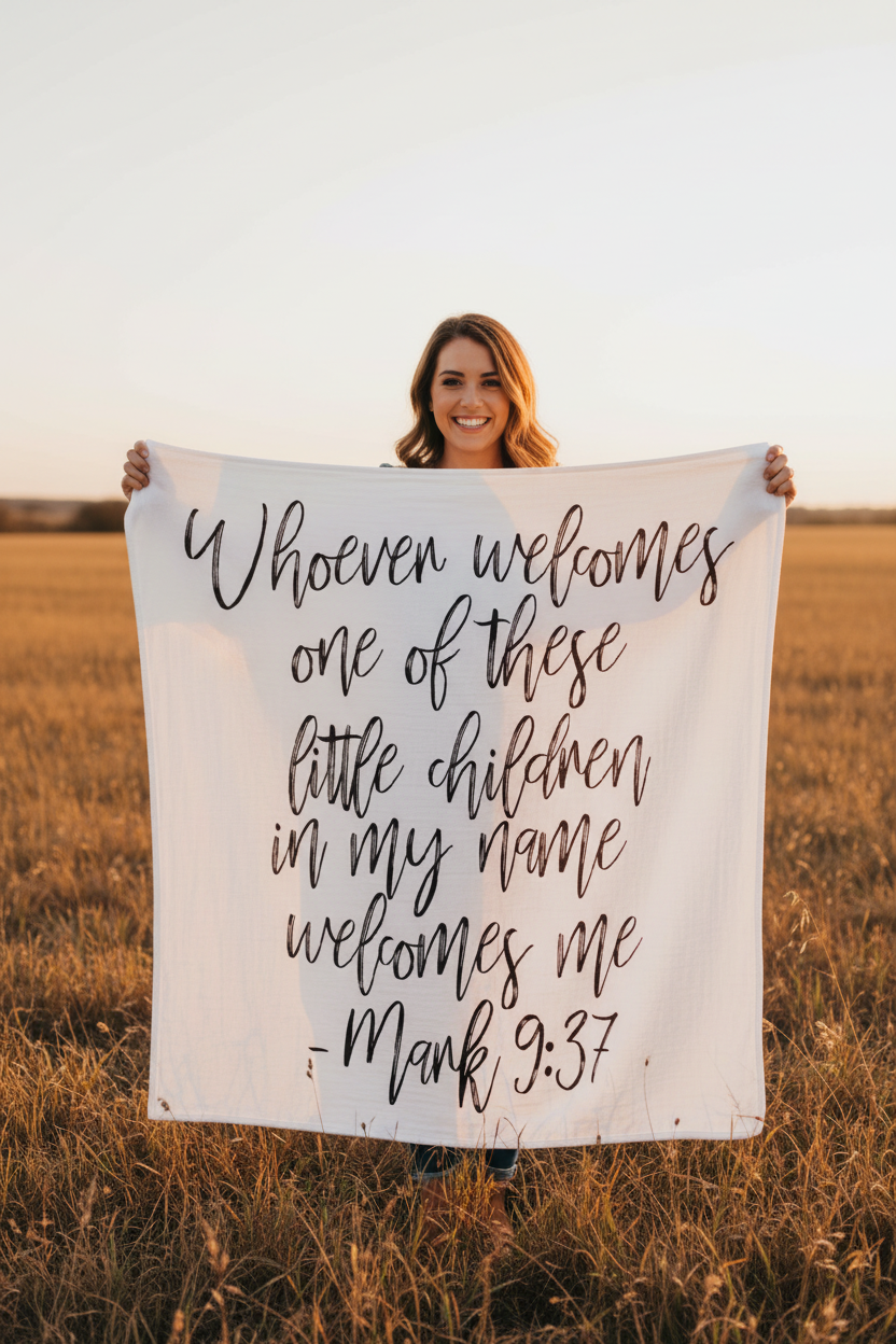 Mark 9:37 Scripture Swaddle + Wall Art | GOTS Certified Organic Cotton Muslin