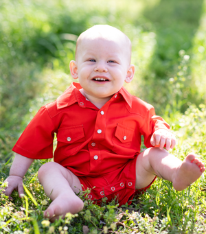 
                  
                    Load image into Gallery viewer, BlueQuail Clothing Co. - Gameday Red Pearl Snap Romper: 3-6m
                  
                