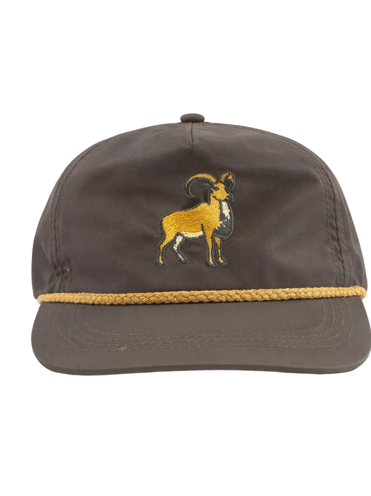 Lischka Brothers Aoudad (Barbary Sheep) Rope Cap, Charcoal, front view showing the design and rope detail
