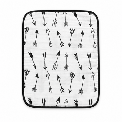 Arrows side of one reversible Cactus + Arrows muslin burp cloth, laid flat. Studio flat lay on white; one reversible cloth included.