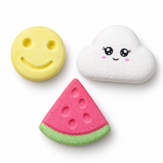 Happy Face, Cloud and Watermelon rainbow bath bombs, each sold separately