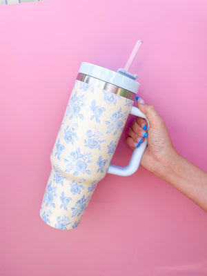 
                  
                    Load image into Gallery viewer, Rock Paper Scissors - Cream &amp;amp; Blue Floral 40oz Tumbler
                  
                