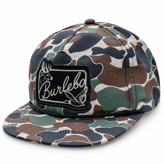 BURLEBO Throwback Camo Patch Cap with embroidered logo patch and black rope, studio view