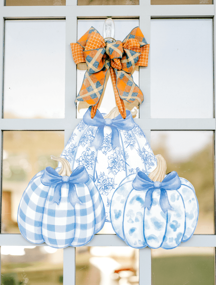 
                  
                    Load image into Gallery viewer, Front Porch Elegance - Pumpkin Trio (Blue)- Door Hanger: No Bow- Ribbon Hanger Only
                  
                