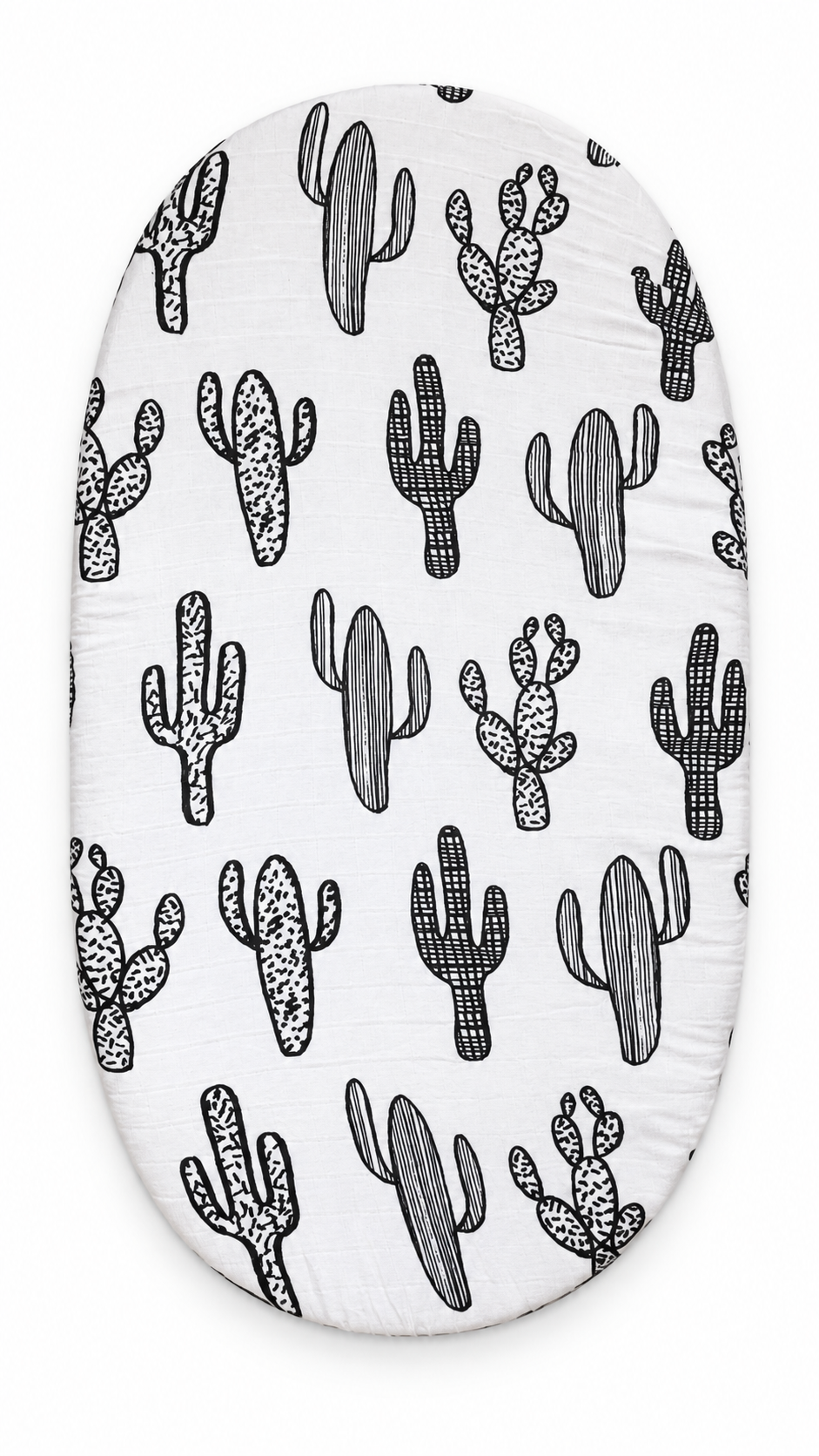 Cactus organic muslin bassinet and small changing pad sheet, fitted product view. Sheet sold separately; pad not included.