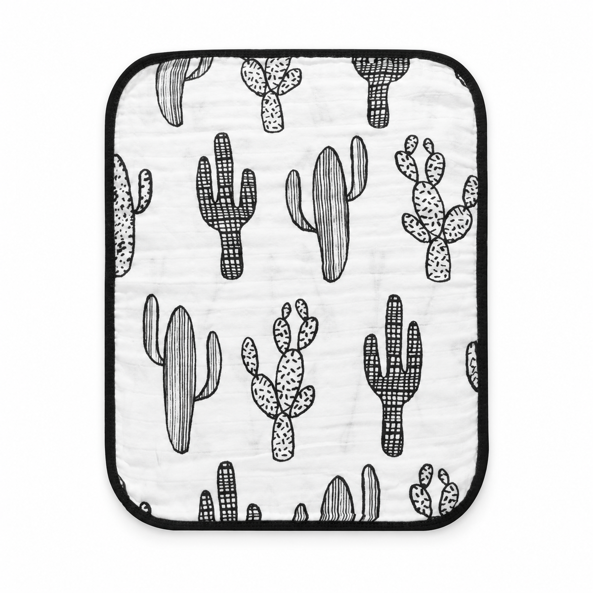 Cactus side of one reversible Cactus + Arrows organic muslin burp cloth with black binding. Studio flat lay on white; one reversible cloth included.