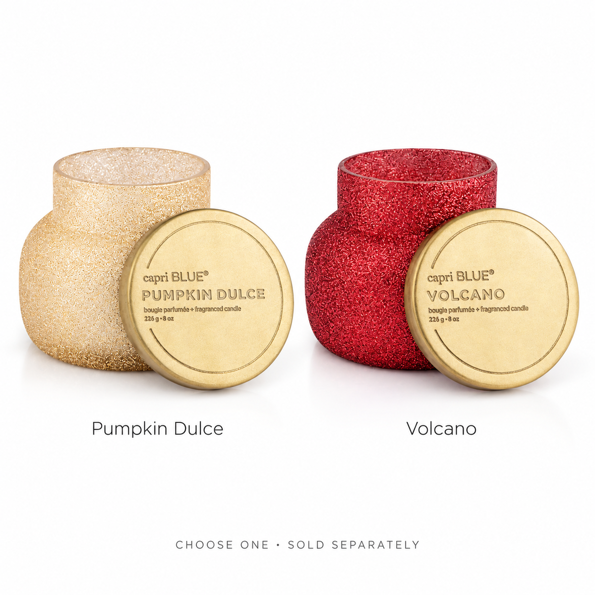 Capri Blue 8 oz Glitter Petite candles: Pumpkin Dulce and Volcano. Choose one; sold separately.