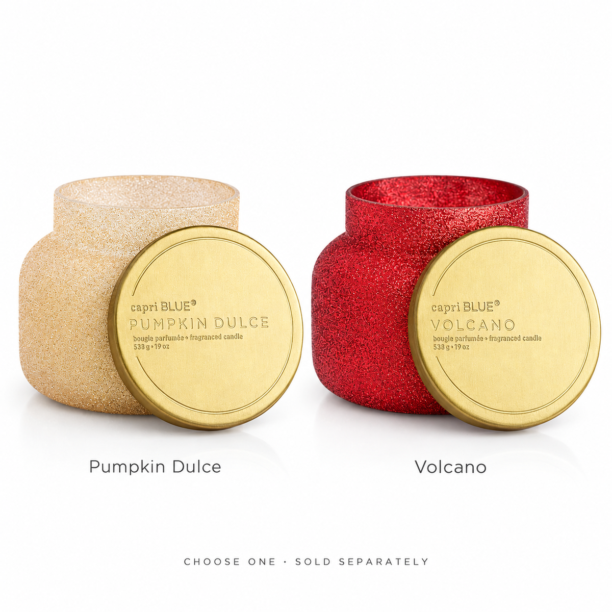 Capri Blue 19 oz Glitter Signature candles: Pumpkin Dulce and Volcano. Choose one; sold separately.