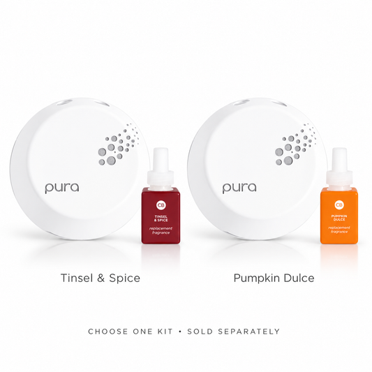 Capri Blue Pura diffuser kit choices: Tinsel and Spice or Pumpkin Dulce. Choose one kit; sold separately.