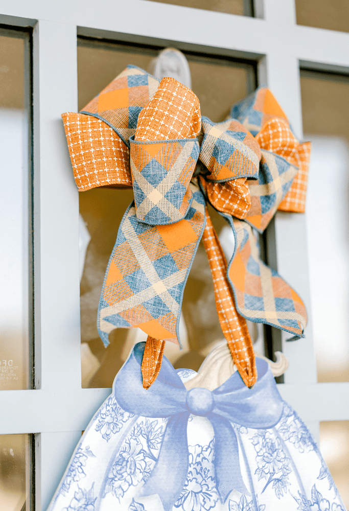 
                  
                    Load image into Gallery viewer, Front Porch Elegance - Pumpkin Trio (Blue)- Door Hanger: No Bow- Ribbon Hanger Only
                  
                