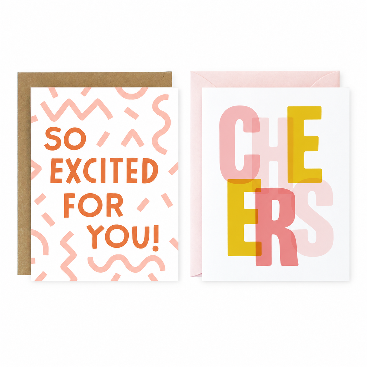 Both celebration greeting card designs: So Excited for You and Cheers. Choose one design; sold separately.