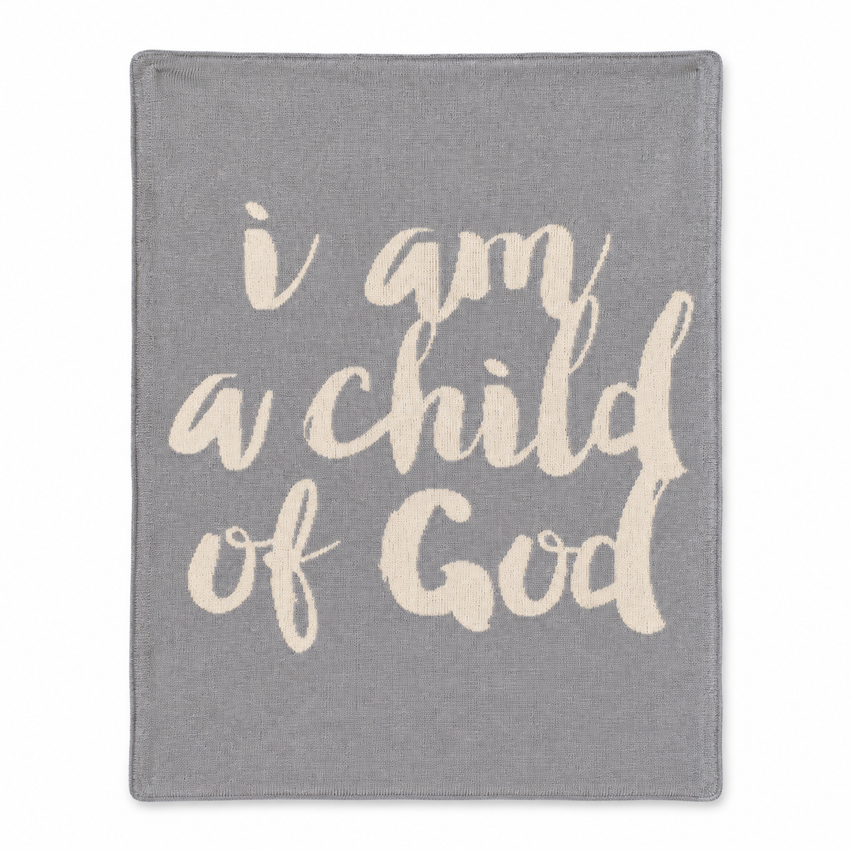 I Am a Child of God recycled cotton knit blanket in Aluminum, full front studio view on white.