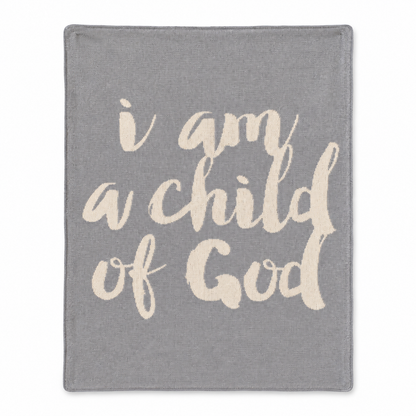I Am a Child of God recycled cotton knit blanket in Aluminum, full front studio view on white.