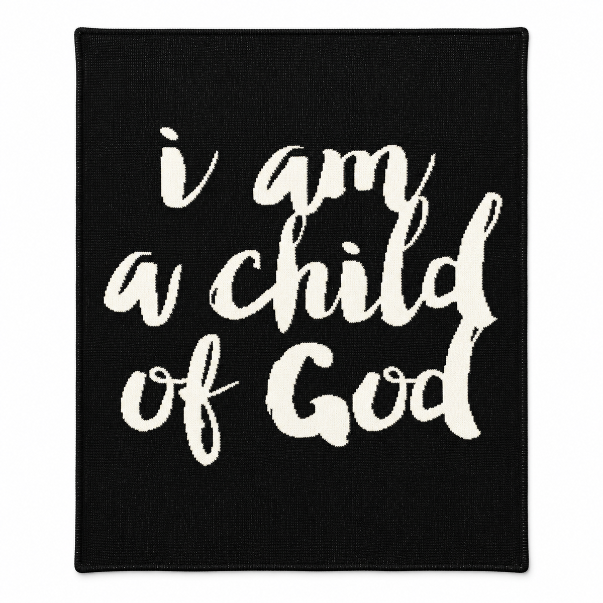 I Am a Child of God recycled cotton knit blanket in Black, full front studio view on white.