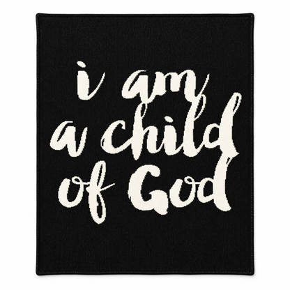 I Am a Child of God recycled cotton knit blanket in Black, full front studio view on white.