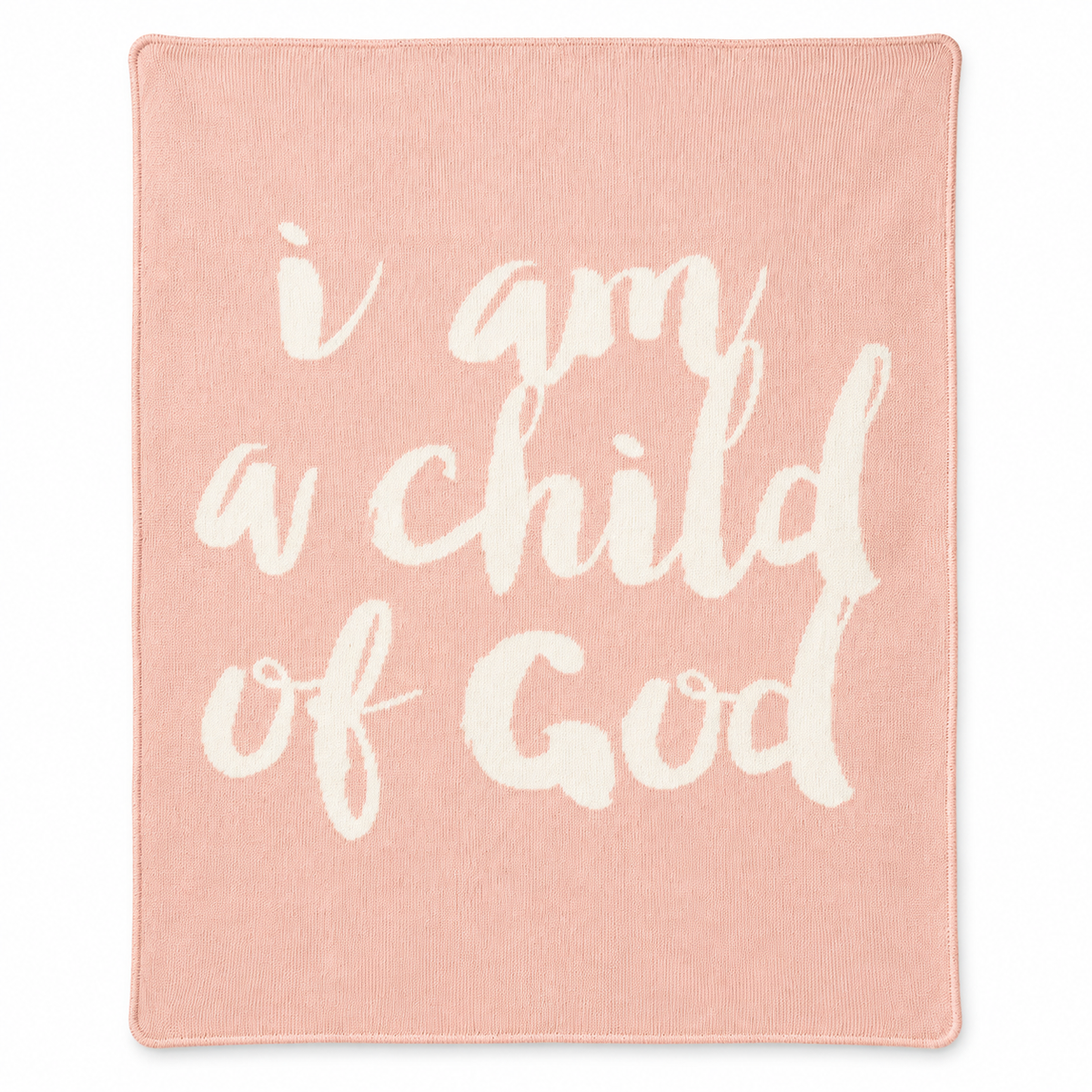 I Am a Child of God recycled cotton knit blanket in Cameo Pink, full front studio view on white.