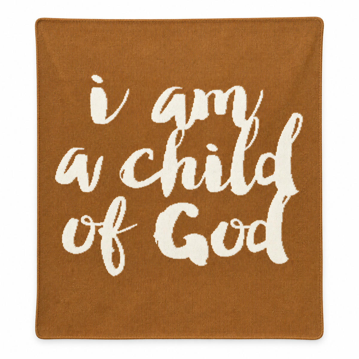 I Am a Child of God recycled cotton knit blanket in Caramel, full front studio view on white.