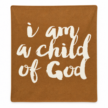 I Am a Child of God recycled cotton knit blanket in Caramel, full front studio view on white.