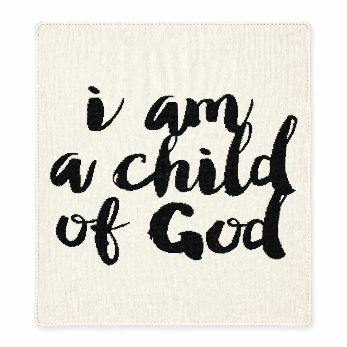 I Am a Child of God recycled cotton knit blanket in Natural, full front studio view on white.