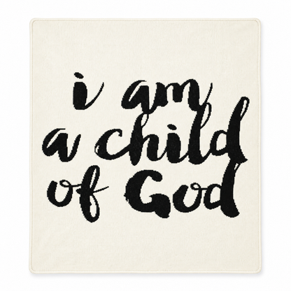 I Am a Child of God recycled cotton knit blanket in Natural, full front studio view on white.