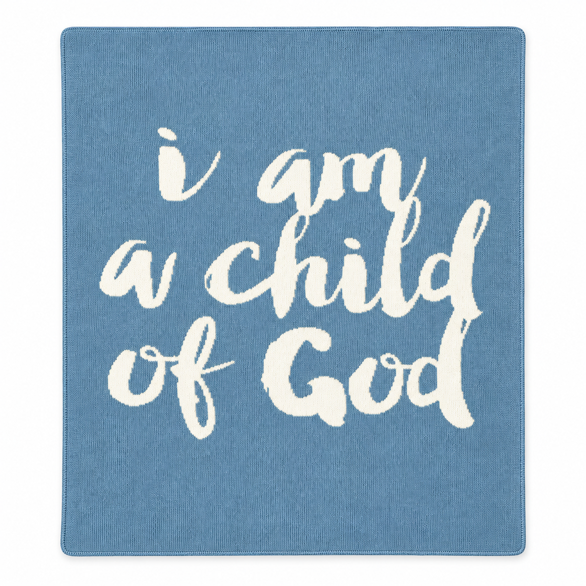 I Am a Child of God recycled cotton knit blanket in Pacific Blue, full front studio view on white.