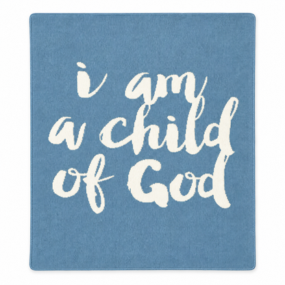 I Am a Child of God recycled cotton knit blanket in Pacific Blue, full front studio view on white.