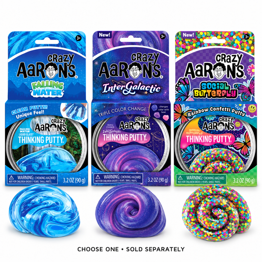Crazy Aaron's full-size Thinking Putty: Falling Water, Intergalactic and Social Butterfly. Choose one; sold separately.