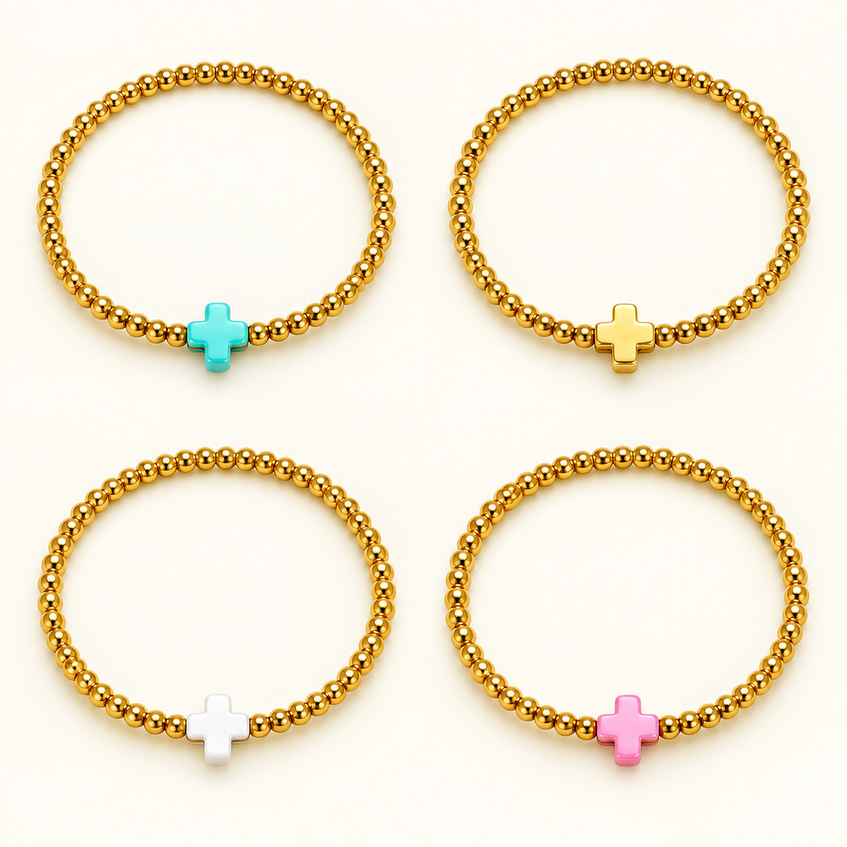 So Very Blessed cross bracelets in Blue, Gold, White and Pink. Sold separately.