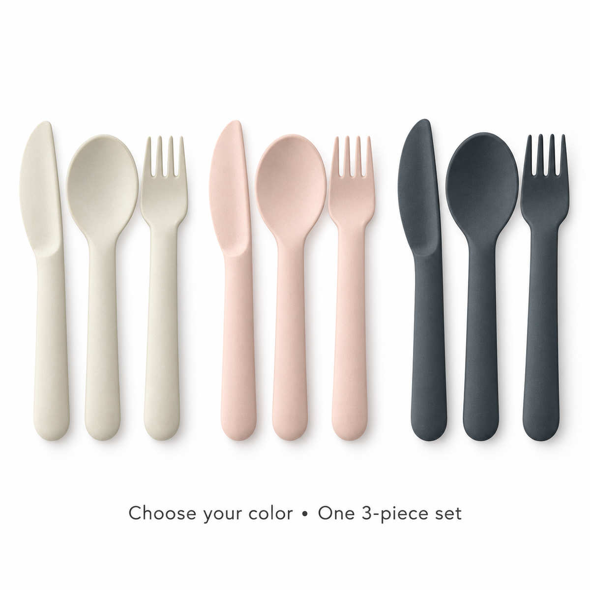 Kids Cutlery Set | Choose Your Color | Ekobo. Each purchase includes one 3-piece set (fork, knife and spoon) in your selected color. Color sets are sold separately.