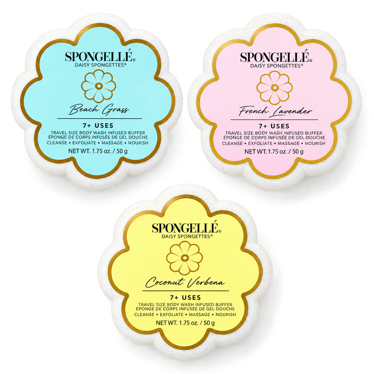 Daisy Spongette | Choose Your Fragrance | Spongellé — all options: Beach Grass, French Lavender, Coconut Verbena; choose one option.