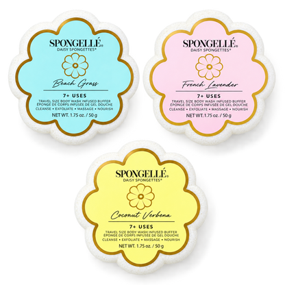 Daisy Spongette | Choose Your Fragrance | Spongellé — all options: Beach Grass, French Lavender, Coconut Verbena; choose one option.