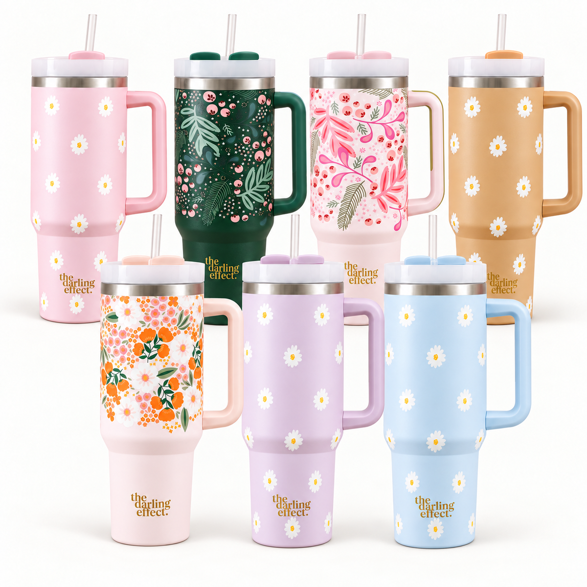 The Darling Effect 40 oz tumblers — all seven designs including Dancing Daisy Blue — options sold individually
