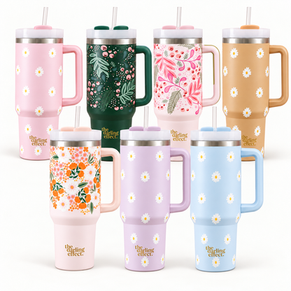 The Darling Effect 40 oz tumblers — all seven designs including Dancing Daisy Blue — options sold individually