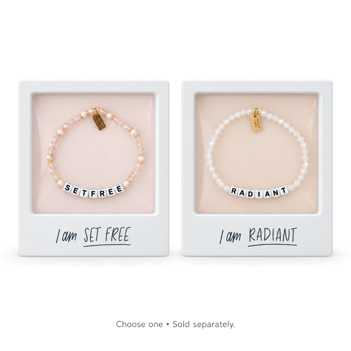 Dear Heart beaded scripture bracelets — Set Free and Radiant. Choose one; sold separately.