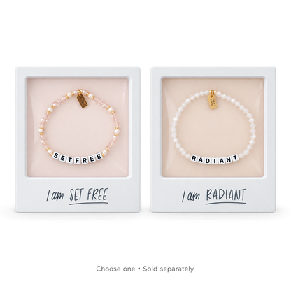 Dear Heart beaded scripture bracelets — Set Free and Radiant. Choose one; sold separately.