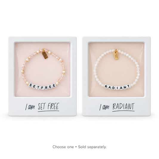 Dear Heart beaded scripture bracelets — Set Free and Radiant. Choose one; sold separately.