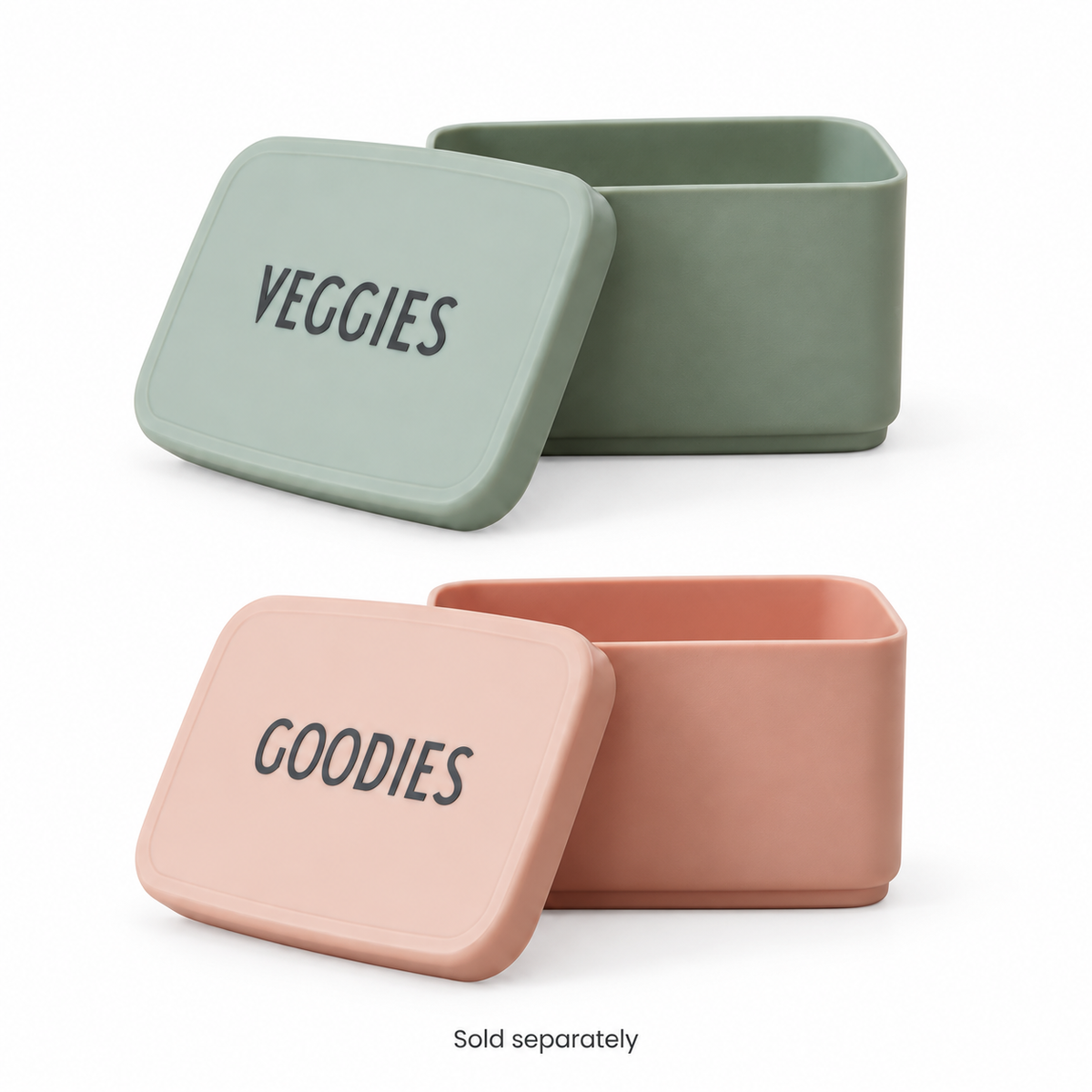 Green Veggies and nude Goodies Design Letters snack boxes arranged vertically. Sold separately.