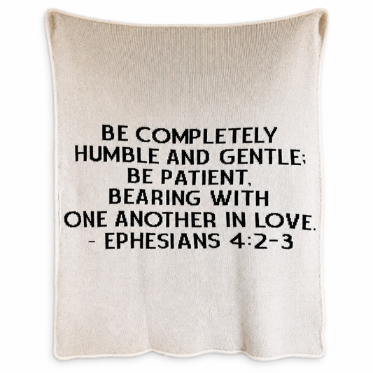 Ephesians 4:2-3 Recycled Cotton Throw Blanket — Natural color, full blanket view showing the original knitted design and finished edges.