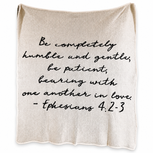 Ephesians 4:2-3 Recycled Cotton Throw Blanket — Natural color, full blanket view showing the original knitted design and finished edges.