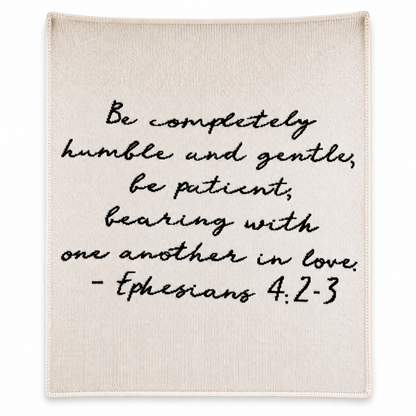 Ephesians 4:2-3 Recycled Cotton Throw Blanket | Natural, full-front studio view on white.