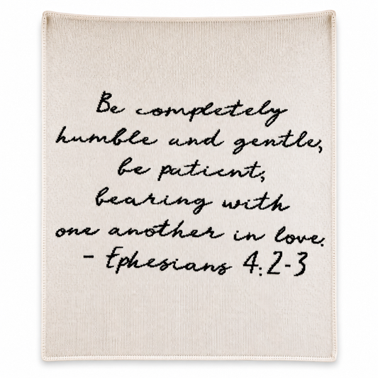 Ephesians 4:2-3 Recycled Cotton Throw Blanket | Natural, full-front studio view on white.